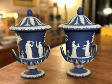 19th century Wedgwood Jasperware Twin Handled Urns with Covers
