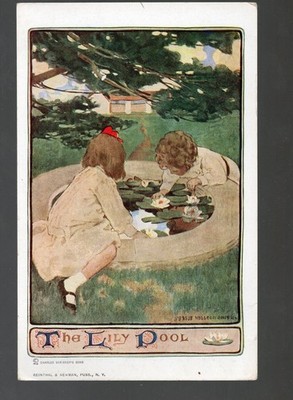 E204 Antique Postcard Jessie Wilcox Smith Artist Signed Garden Lily Pool Child