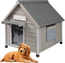 PETSCOSSET 30" L Outdoor Dog House with Window, Asphalt Roof & Raised Feet, Gray