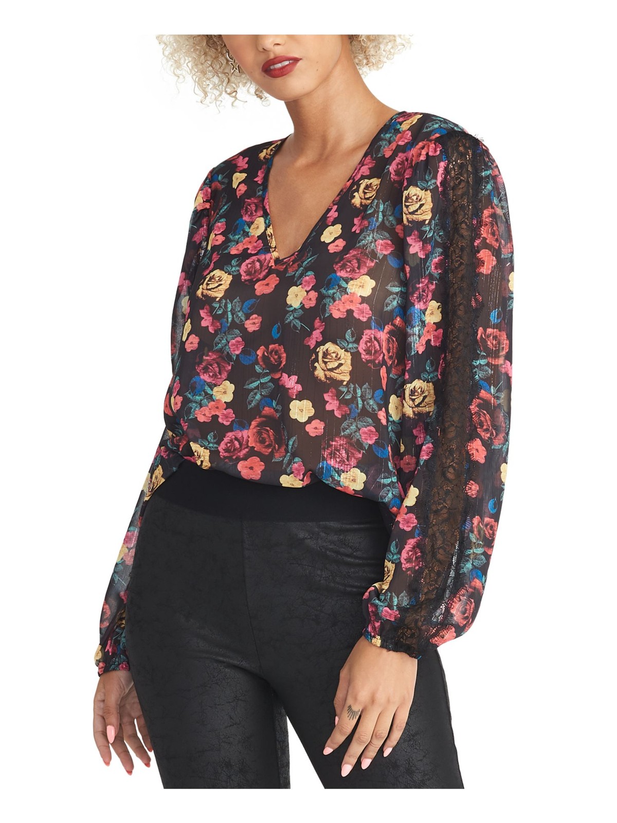 Rachel Roy Womens Black Lace Floral Long Sleeve V Neck Blouse Size XS