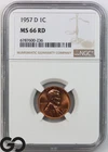 1957-D Lincoln Cent Wheat Penny, Bright RED, NGC MS 66 RD