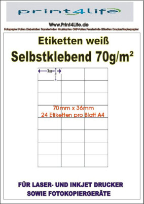1200 Etiketten 70x36 mm/A4 komp.zu Zweckform Avery 3490 selbstklebend weiß