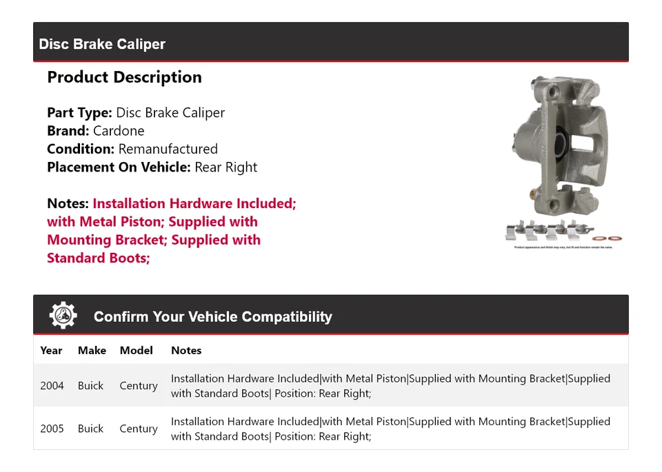 Pinza de freno de disco trasera derecha Cardone para Buick Century 2004-2005 Foto 2 de 4