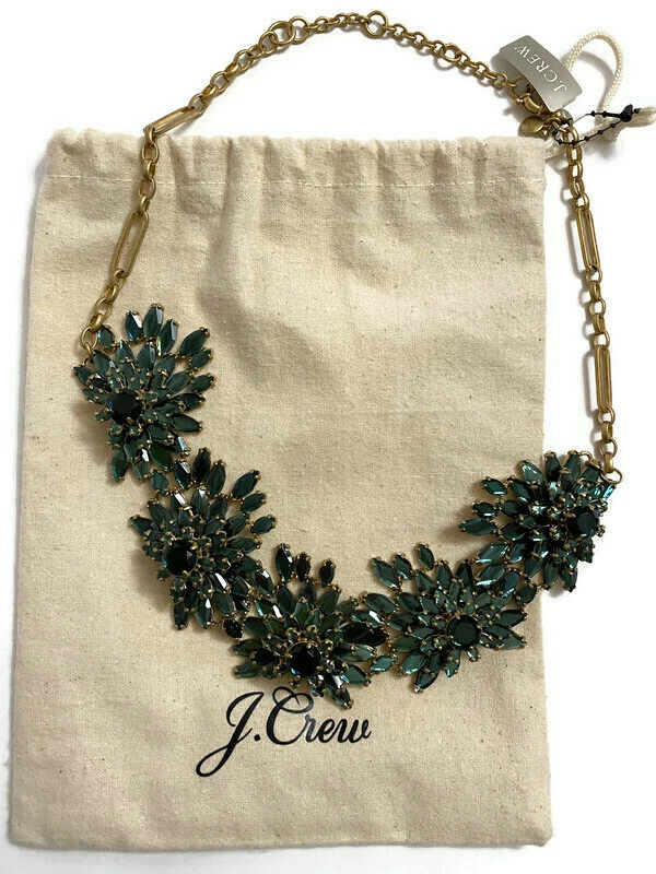 Collar J.Crew verde esmeralda apilado abanico estrás nuevo con etiquetas y bolso