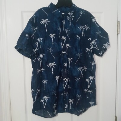 American Eagle Mens XL Navy Blue White Palm Tree Print Shirt  Button Up Cotton