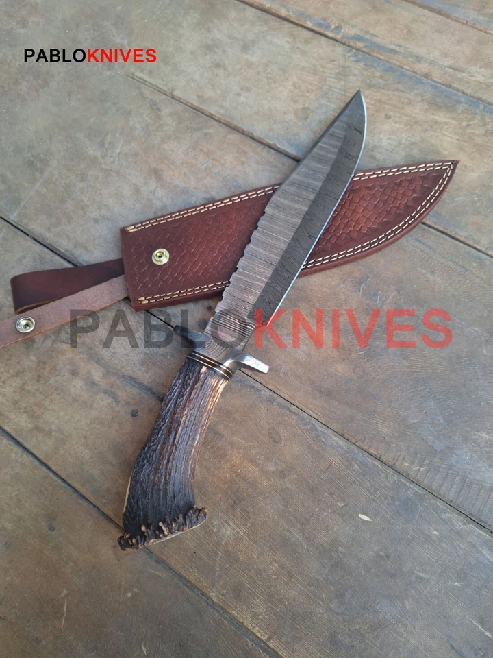 Cuchillo Bowie de caza de acero Damasco forjado a mano premium de 15" corona cuerno de ciervo Foto 2 de 4