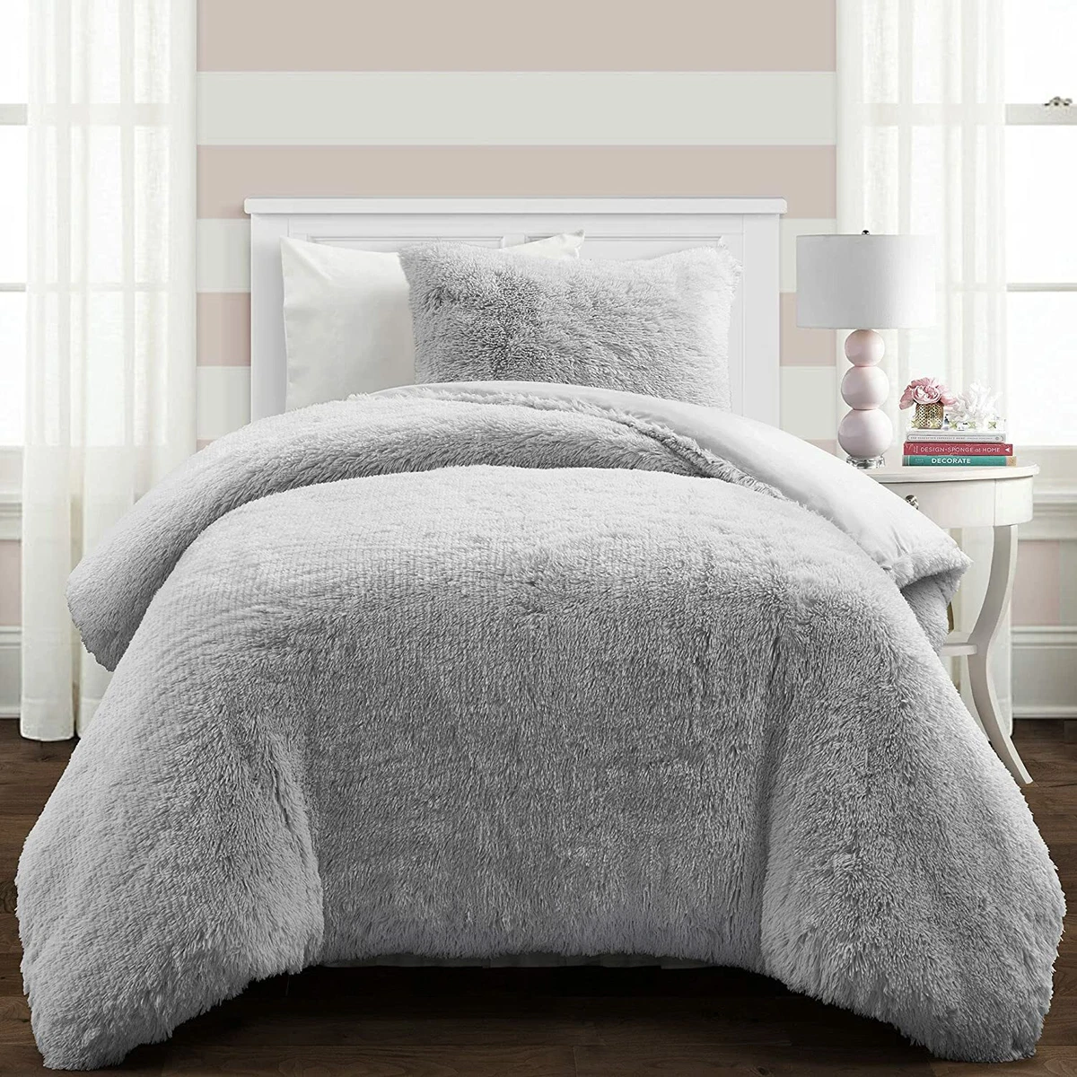 Light Gray Grey Plush Faux Fur Fluffy 2 pc Comforter Set Twin XL