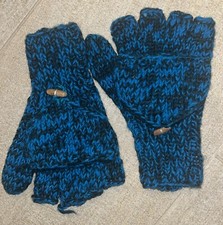 Wool Green Black Melange Hand Knitted Gloves Fingerless Flippover