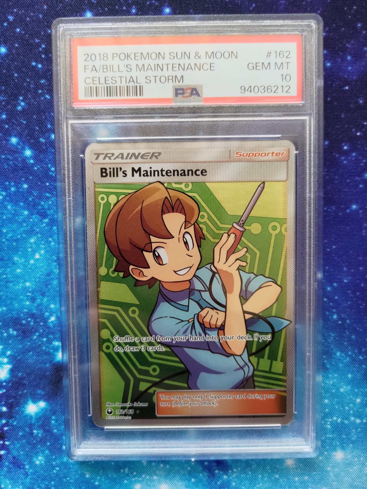 2018 Bill's Maintenance #162 Full Art Gem Mint PSA 10 Sun & Moon Celestial Storm