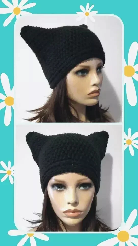 ganchillo hecho a mano mujer gatito sombrero orejas de gato gorro negro Foto 3 de 3