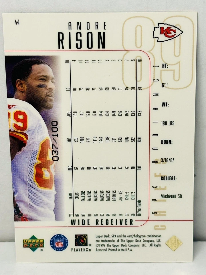 1999 UPPER DECK SPX ANDRE RISON BLUE RADIANCE #44 SN 37/100 SP - Image 2 of 2