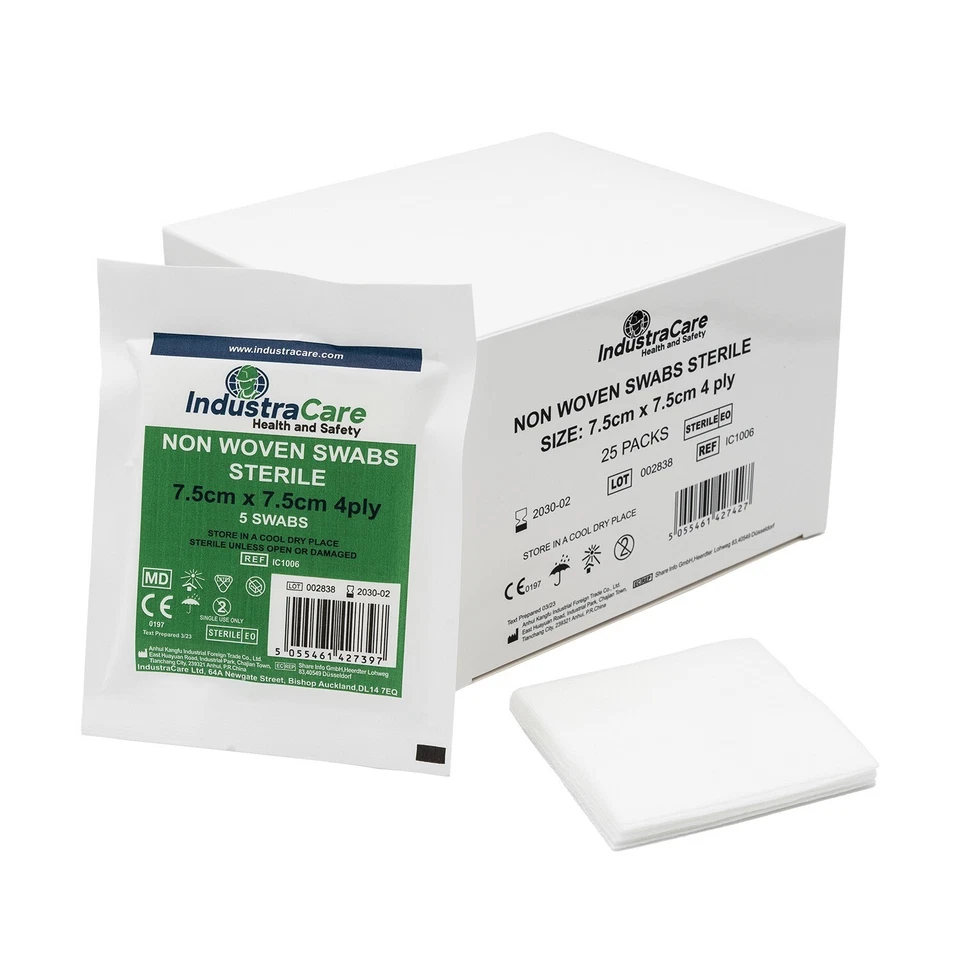 IndustraCare Non-Woven 7.5cm x 7.5cm STERILE First Aid Medical Gauze Swabs