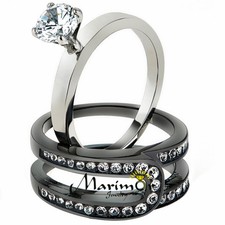 Women's Silver  Black Stainless Steel AAA CZ Wedding Ring Band Set Size 5-10