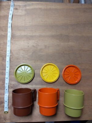 Vintage Tupperware Lot (6) 3 Handled Cups 3 Lids/Saucers Harvest Colors