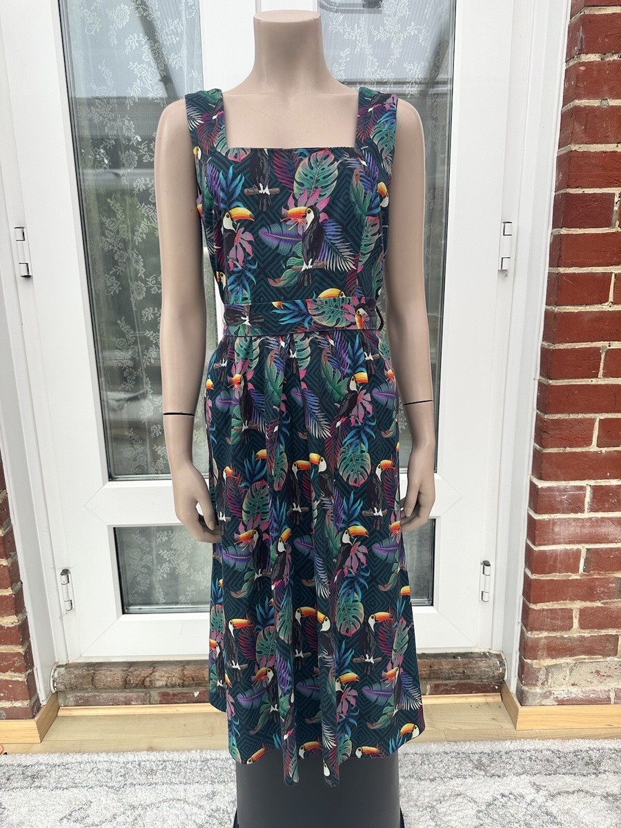 lady vintage london dress V Tropic Toucan Belted Sleeveless Square Neck Midi 14 NA-06.11.26AM