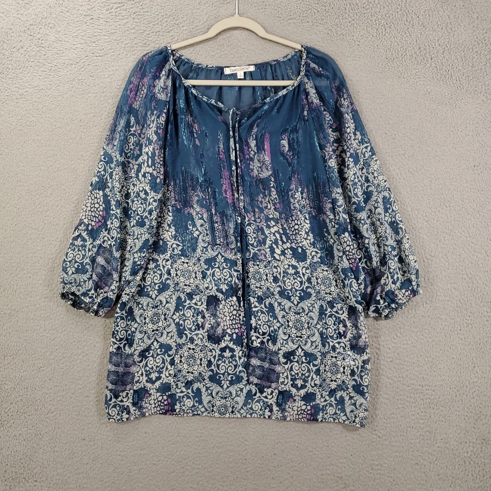 Blusa boho túnica transparente azul blanco rosa TravelSmith para mujer Foto 2 de 4