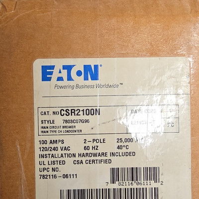 Eaton CSR2100N 100A 2-Pole 120/240V AC Main Breaker On/Off, Hardware Incl