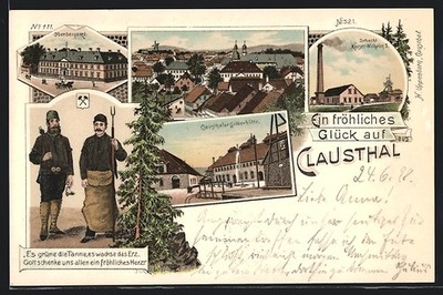 Lithographie Clausthal, Schacht Kaiser Wilhelm II., Oberbergamt, Clausthaler Si 