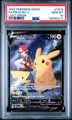 2022 POKEMON SWORD & SHIELD LOST ORIGIN #TG16 FULL ART/PIKACHU V PSA 10