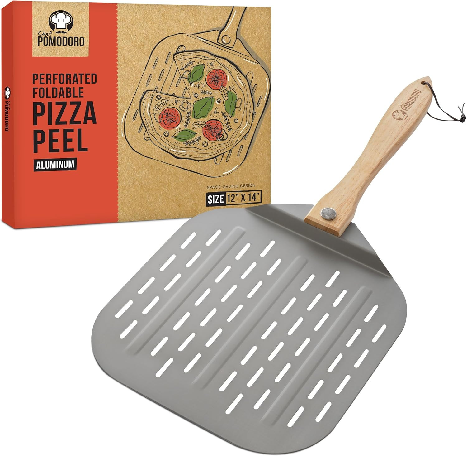 Pala per Pizza Forata in Alluminio 30,5 x 35,6 cm con Manico Pieghevole