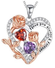I Love You Birthstone Necklace, 925 Sterling Silver Heart Pendant 01-02-Jan-Feb