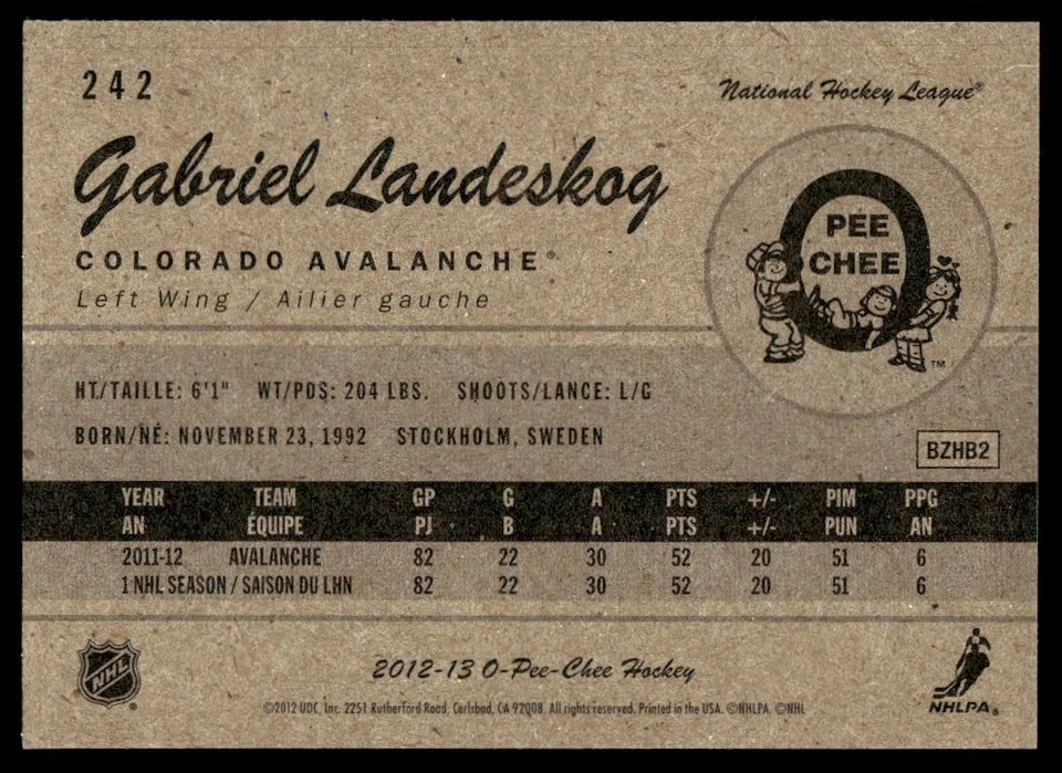 2012-13 O-Pee-Chee Retro Gabriel Landeskog Colorado Avalanche #242 - Image 2 of 2