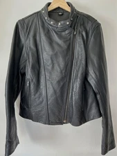 FMC Motorcycle Jacket Womens M STUDDED Silver Leather Black Fur Liner Mock Neck