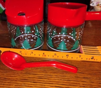 Gemco 1970's Glass Creamer & Sugar Set Christmas  Pattern Red Lids Spoon Holiday