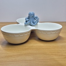 Nora Fleming Retired T6 Pearl Dot Triple Dish & Blue Octopus Mini Charm Set EUC