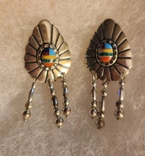 Beautiful VTG Wheeler Mfg Co Sterling Silver & Turquoise Inlay Pendant Earrings