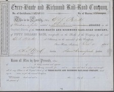 Terre-Haute & Richmond Rail-Road RR stock certificate 1855 thirteen shares IN
