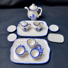 Miniature Dollhouse Ceramic Tea Set / Delft Blue Holland Windmill Flowers Floral