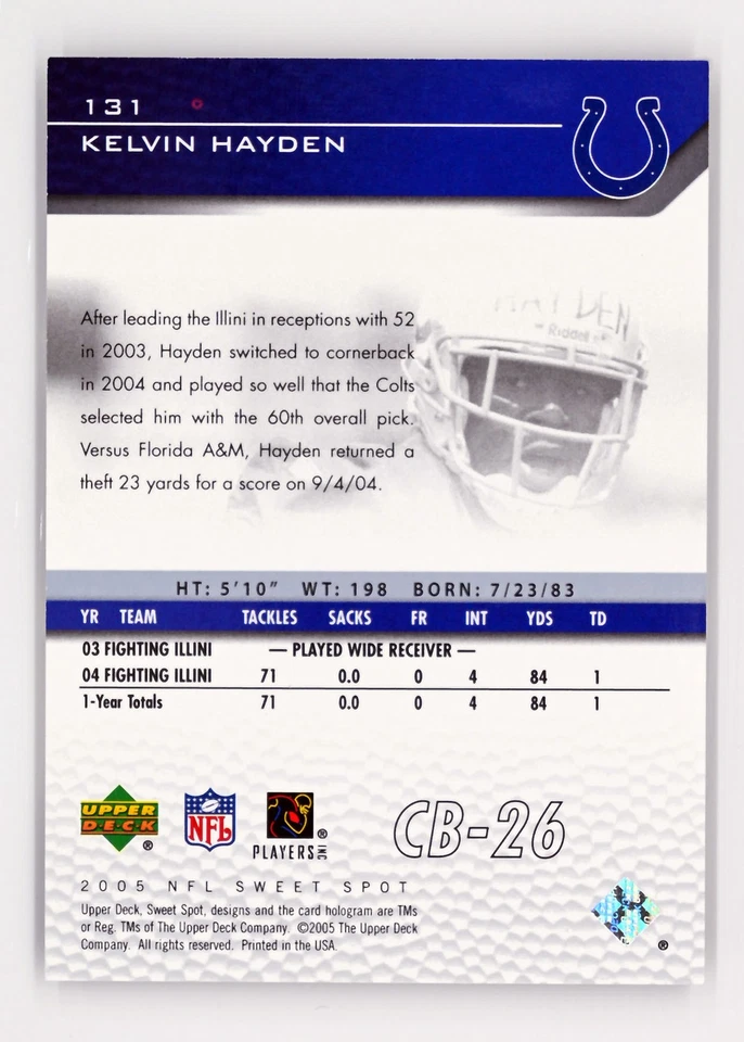2005 Upper Deck Sweet Spot #131 Kelvin Hayden /899 Rookie Indianapolis Colts - Image 2 of 2