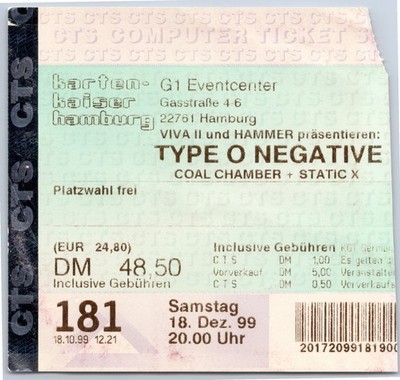 Type O Negative + Coal Chamber Ticket 1999 Tour - Hamburg - Konzert Karte
