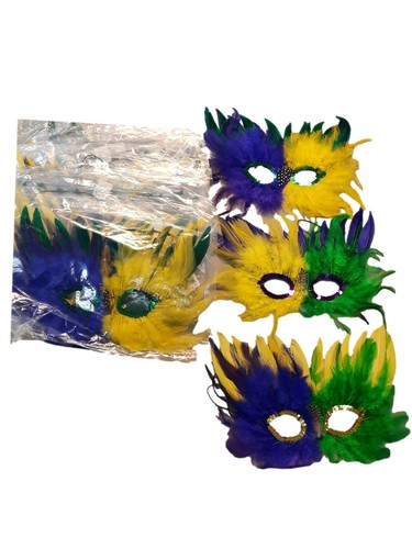 12 Purple Green Yellow Soft Feather Masks - Picture 3 of 3