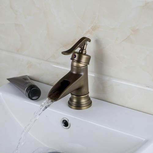 Waterfall Spout Antique Brass Bathroom Faucet Deck Mount Single Handle Mixer Tap - Bild 7 von 7