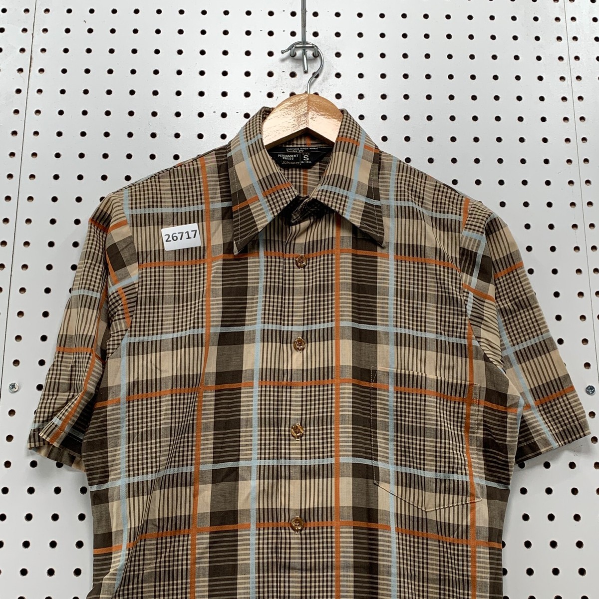 Vintage JC Penny Shirt Brown Plaid SHort Sleeve Mens Small