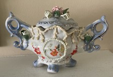 Vintage Porcelain Trinket Box Urn Lidded Dish Double Handle Footed  Blue White