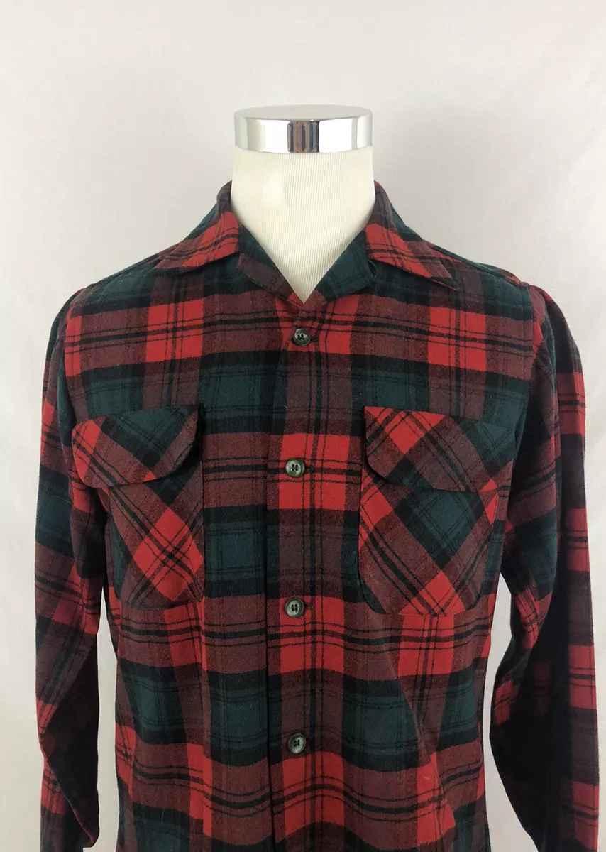 VTG 70s Pendleton Shadow Plaid Board Shirt Wool Loop Collar Mens USA Sz Small S