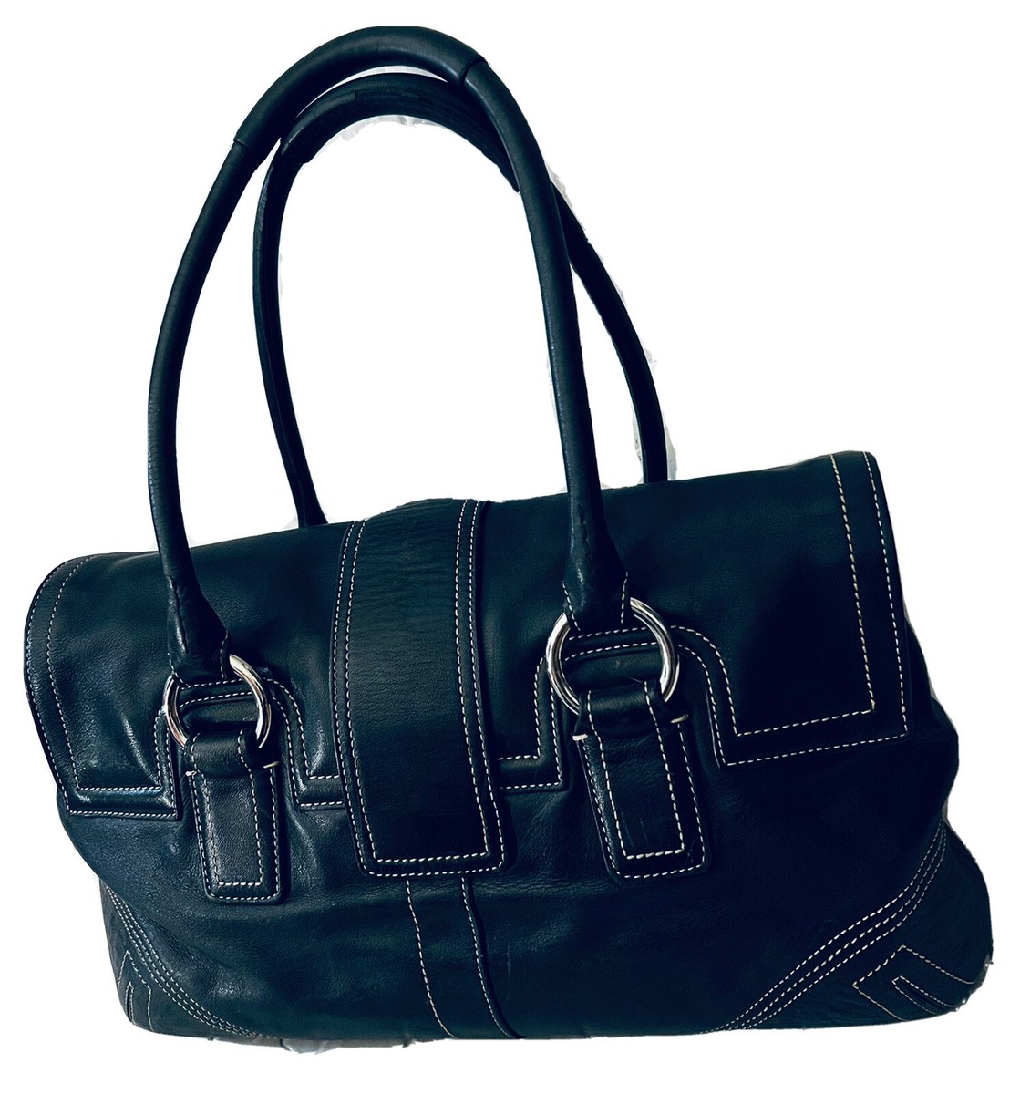 COACH SATCHEL SHOULDER TOTE BAG BLACK LEATHER SILVER BUCKLE #8A11