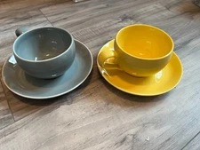 Vintage Santa Anita Ware California Modern Bright Yellow & Gray 2 Cups & Saucers