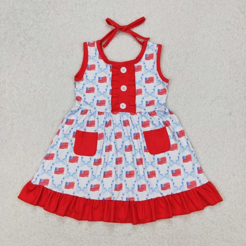 4th of July Patriotic Sibling Clothing Flag Blue Bow Dress Romper - Picture 2 of 3