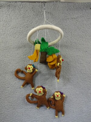 Monkey Baby Nursery Crib Mobile Jungle Banana Tree Wool Handmade Felt Decor