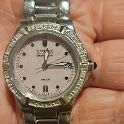 Citizen Eco-Drive Pink Dial Wristwatch Silver Bracelet Date Water-Resistant