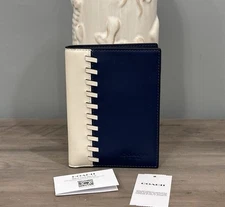 COACH CAX52 Passport Card Case With Whipstitch Smooth Leather Wallet Blue/Chalk