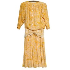 Vintage 80s Yellow Printed Tie-Front Midi Dress House Pattern Button Down Medium