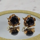 VTG STUNNING Gold Tone Flower Clip On Earrings Smoky Glass Stone Costume Jewelry