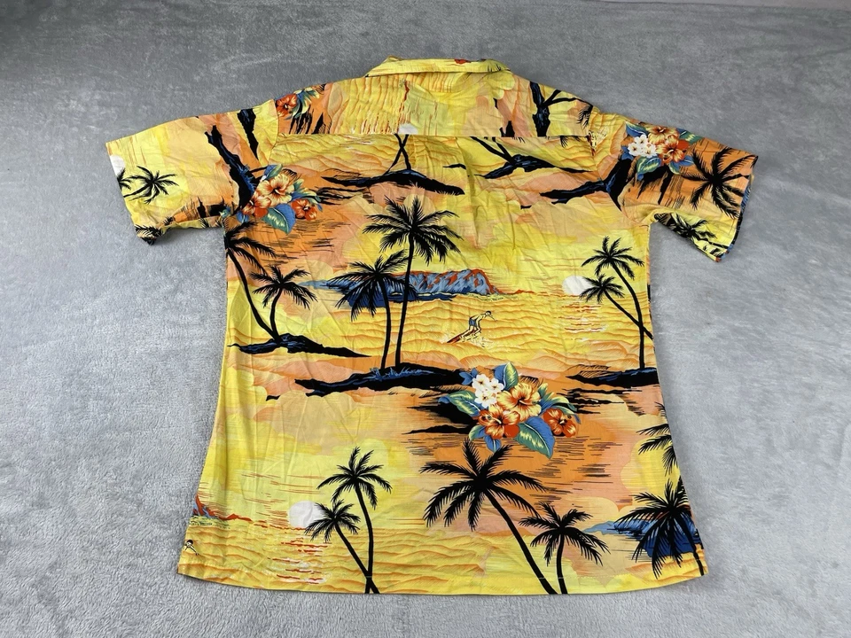 Hawaiian Shirt Bright Yellow Cotton Palm Trees Floral Size M L Festival Beach - Image 2 of 4