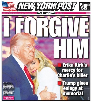 Charlie Kirk Erika Trump I Forgive Him Memorial NY Post Newspaper