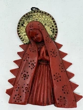 VTG Seitz München Wax Madonna Ornament Red & Gold German Religious Christmas